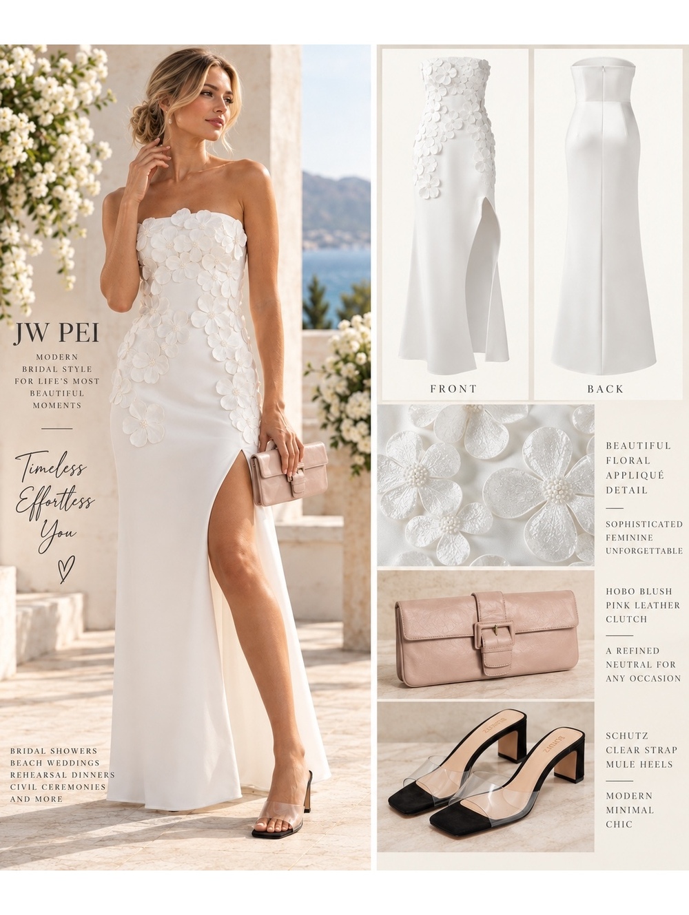 White Strapless Floral Appliqué Bridal Dress Beach Wedding Bride Size 10